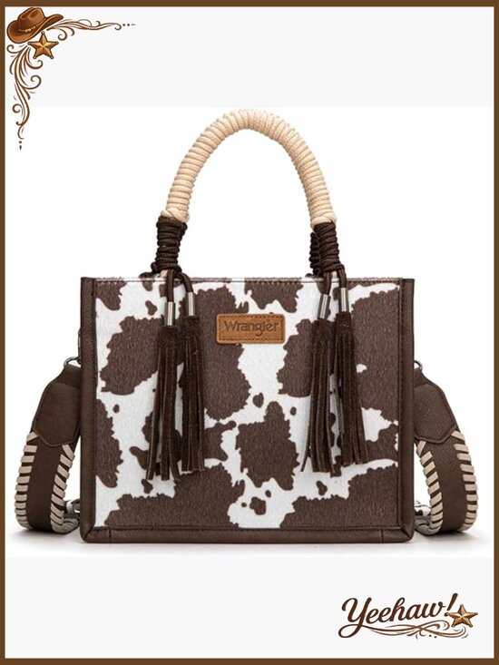 Handbags - Cow Print Tote Bag with Fringe Crossbody Strap Western Satchel Purse for Women